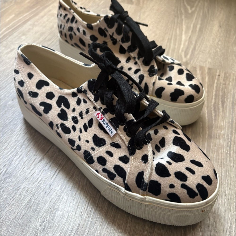 Superga Beige and Black Leopard Platform Sneakers